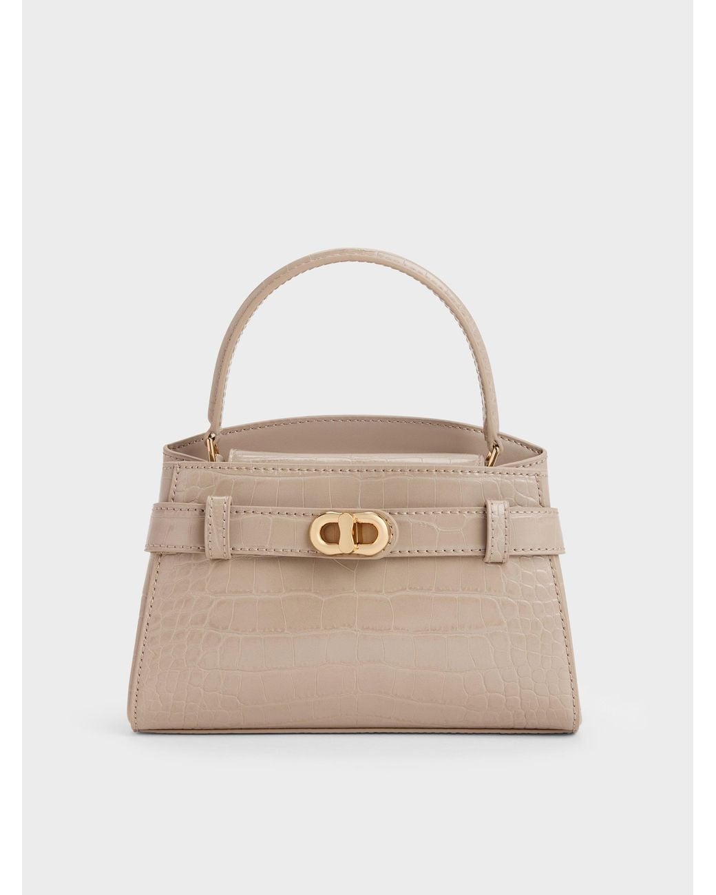 Charles & Keith Natural Aubrielle Croc-Effect Belted Top Handle Bag