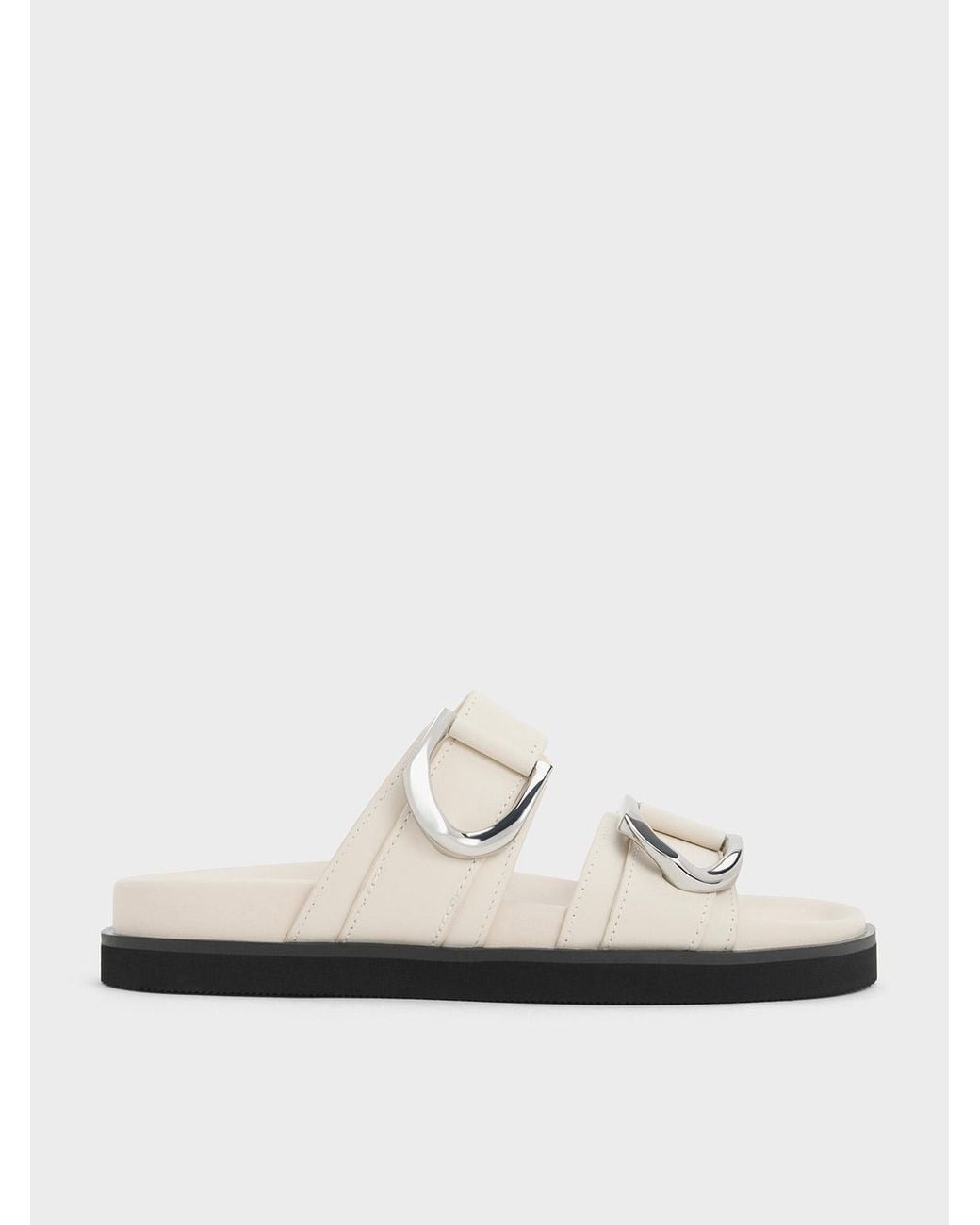Charles & Keith White Gabine-Buckle Leather Slides