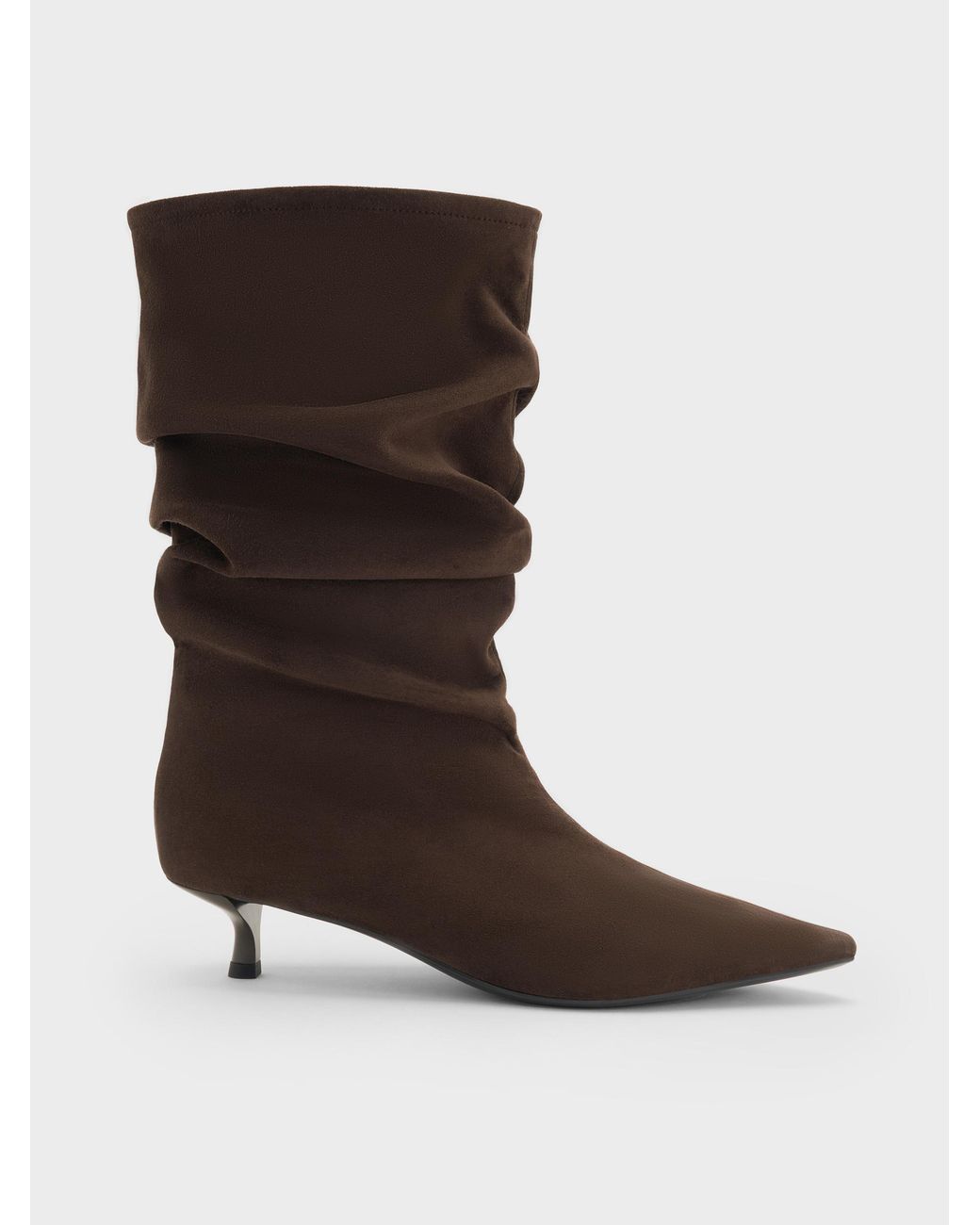Charles & Keith Brown Faux Suede Ruched Kitten-Heel Calf Boots