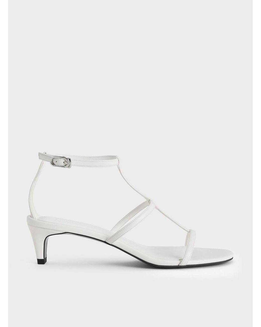 Charles & Keith White T-Bar Kitten-Heel Ankle-Strap Sandals