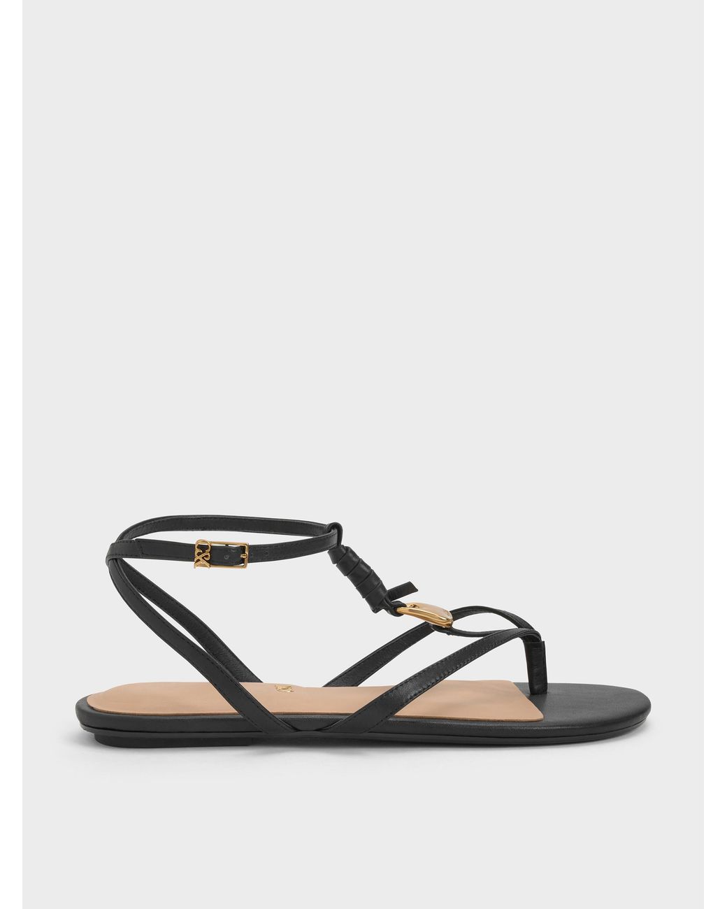 Charles & Keith Black Adema Leather Strappy Thong Sandals