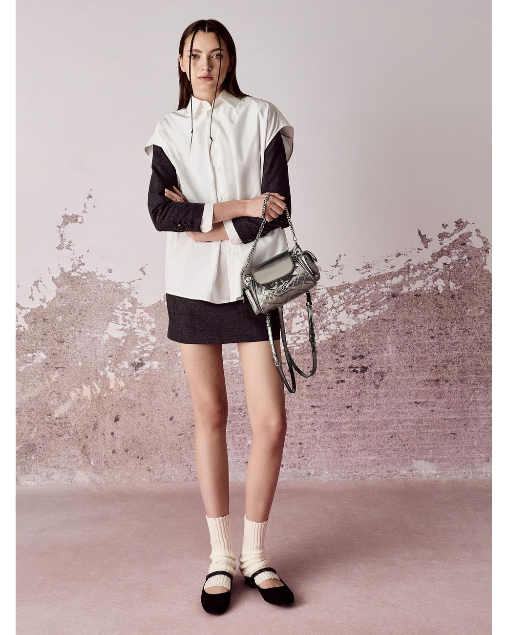 Charles & Keith Duo Quilted Two-Way Front Flap Backpack in Grey