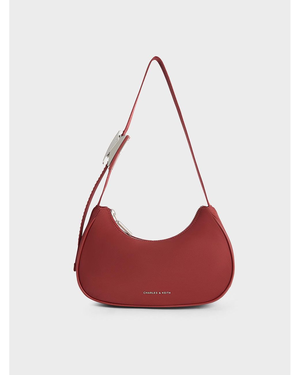 Charles Keith Nylon Curved Metallic accent Shoulder Bag in Red Lyst