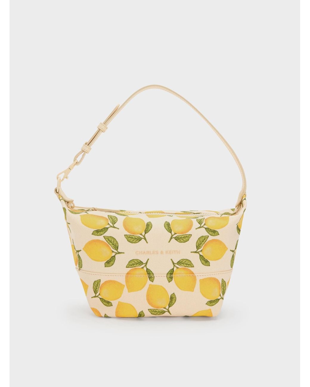 Charles & Keith Metallic Amity Canvas Lemon-Print Hobo Bag