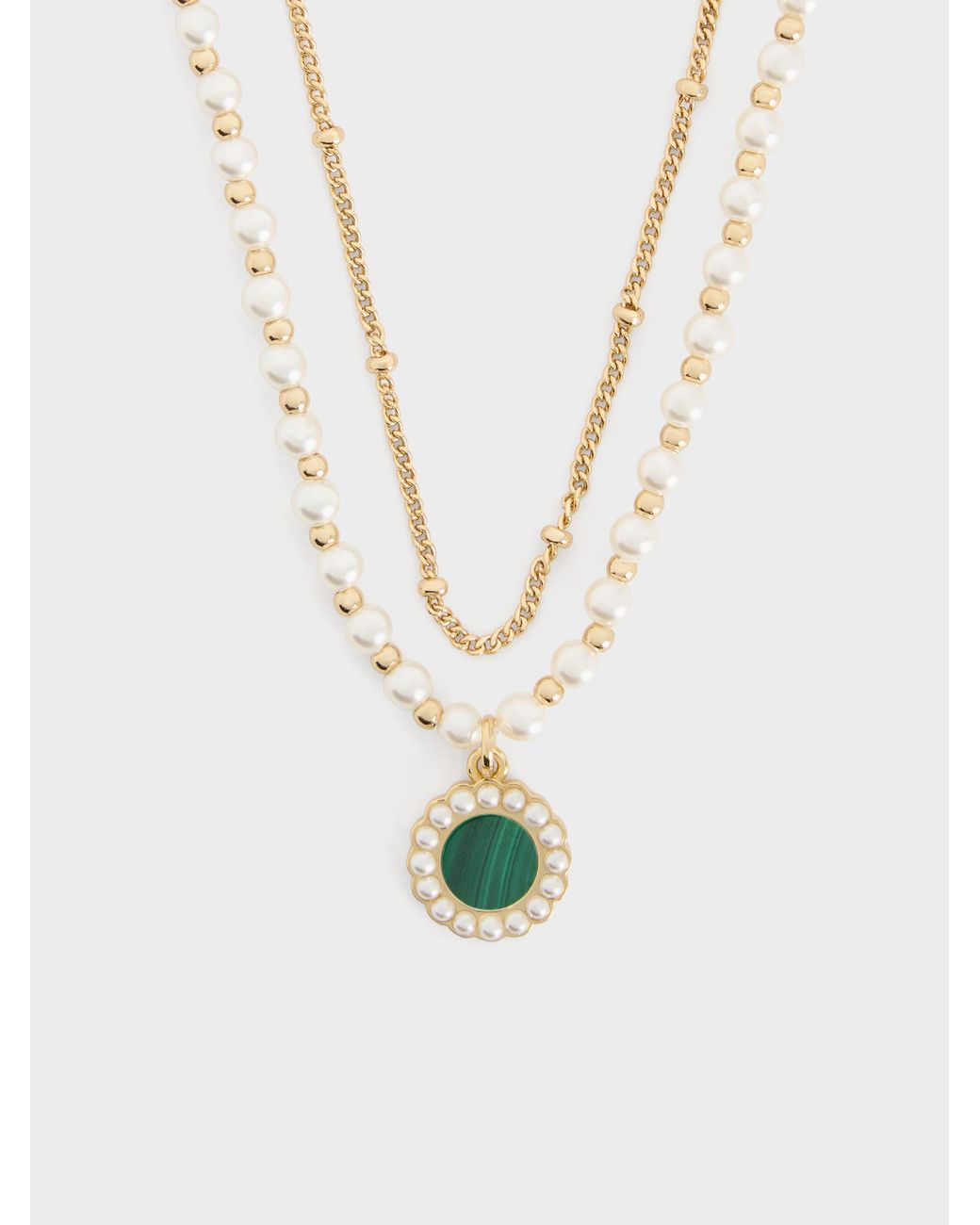 Charles & Keith White Pearl & Gemstone Double-Chain Necklace