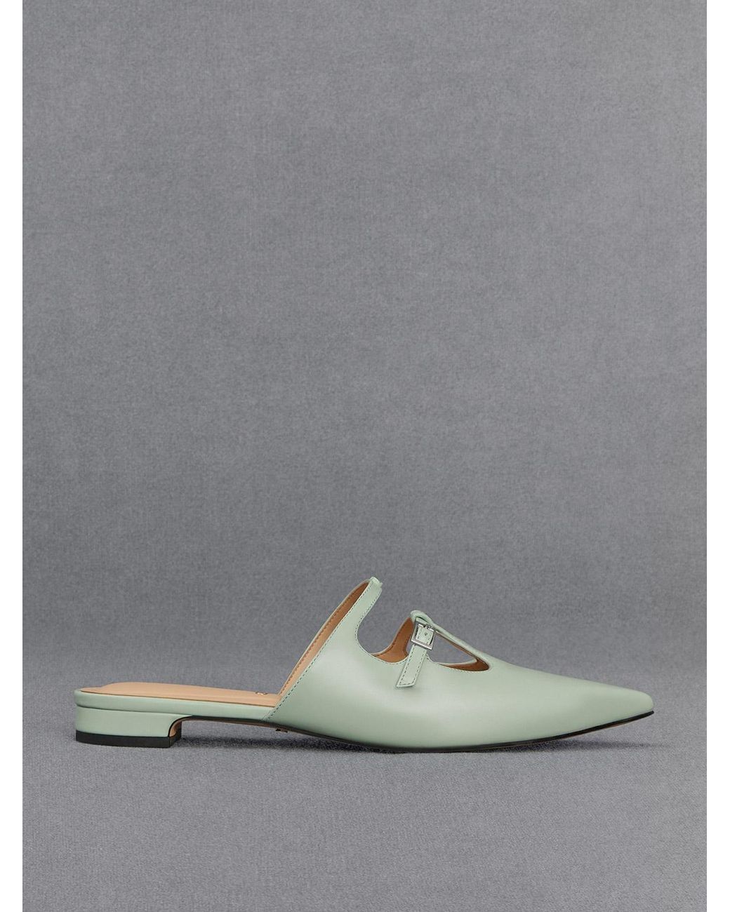 Charles & Keith Gray Leather T-Bar Double-Strap Mules