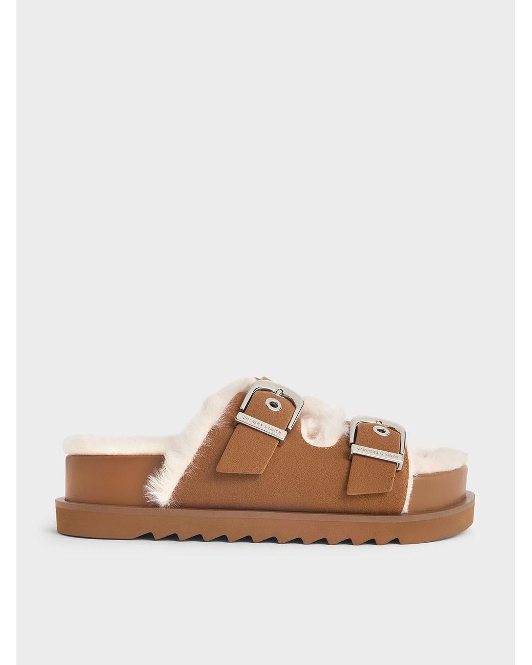 Charles & Keith Brown Hannah Furry Buckled Double-Strap Sandals