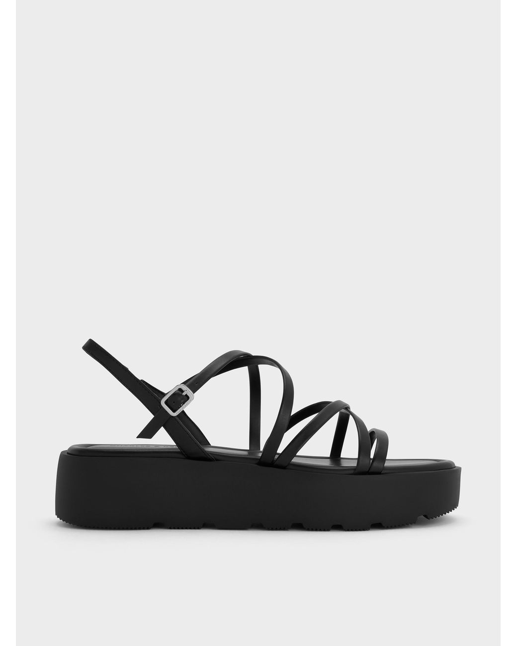 Charles & Keith Black Strappy Ridged-Sole Flatform Sandals