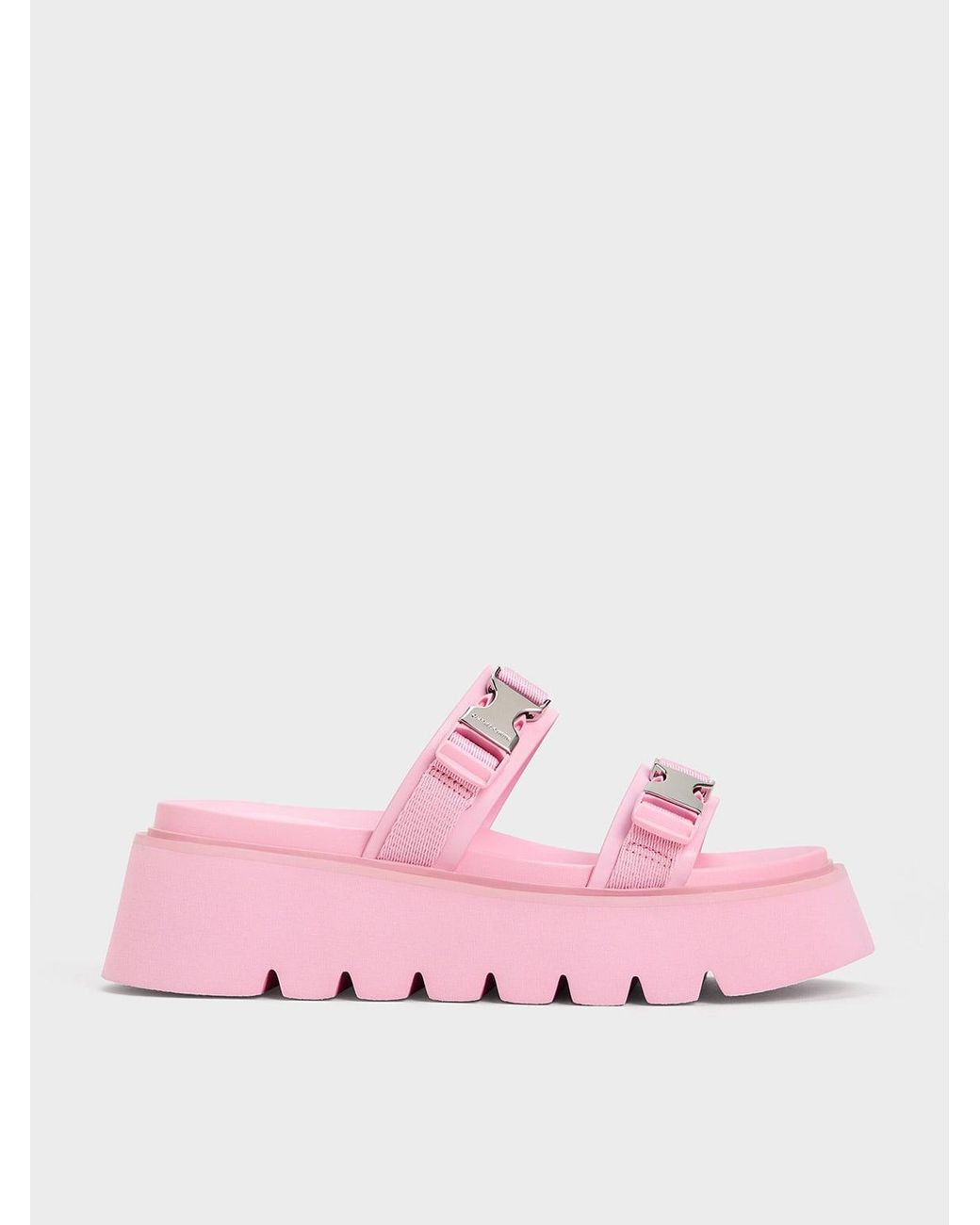 Charles & Keith Pink Laine Metallic-buckle Flatform Sandals