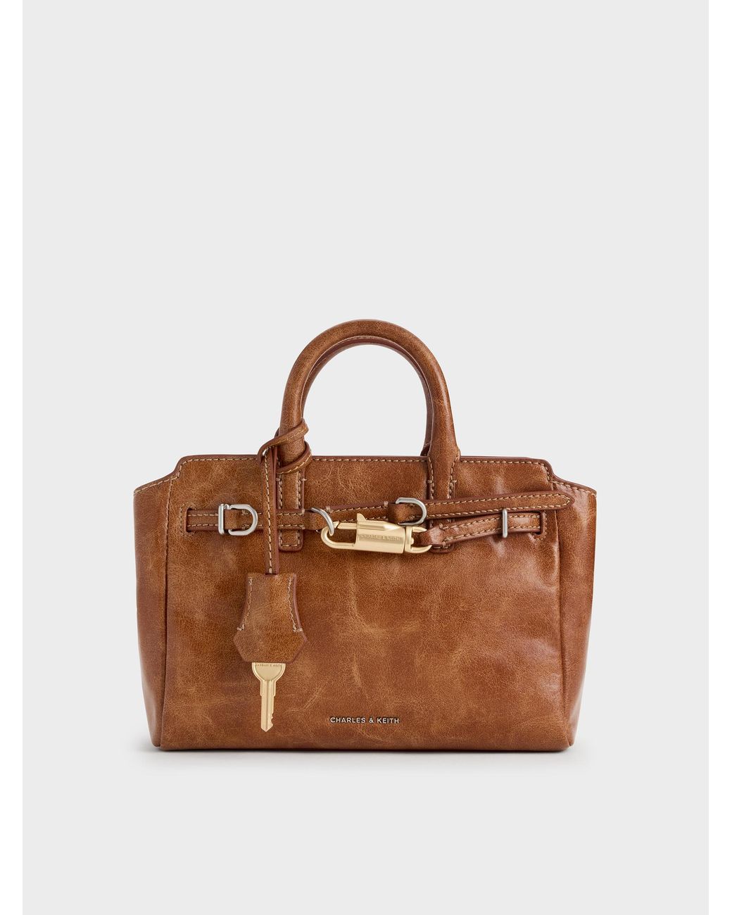 Charles & Keith Brown Mini Delfina Belted Tote Bag