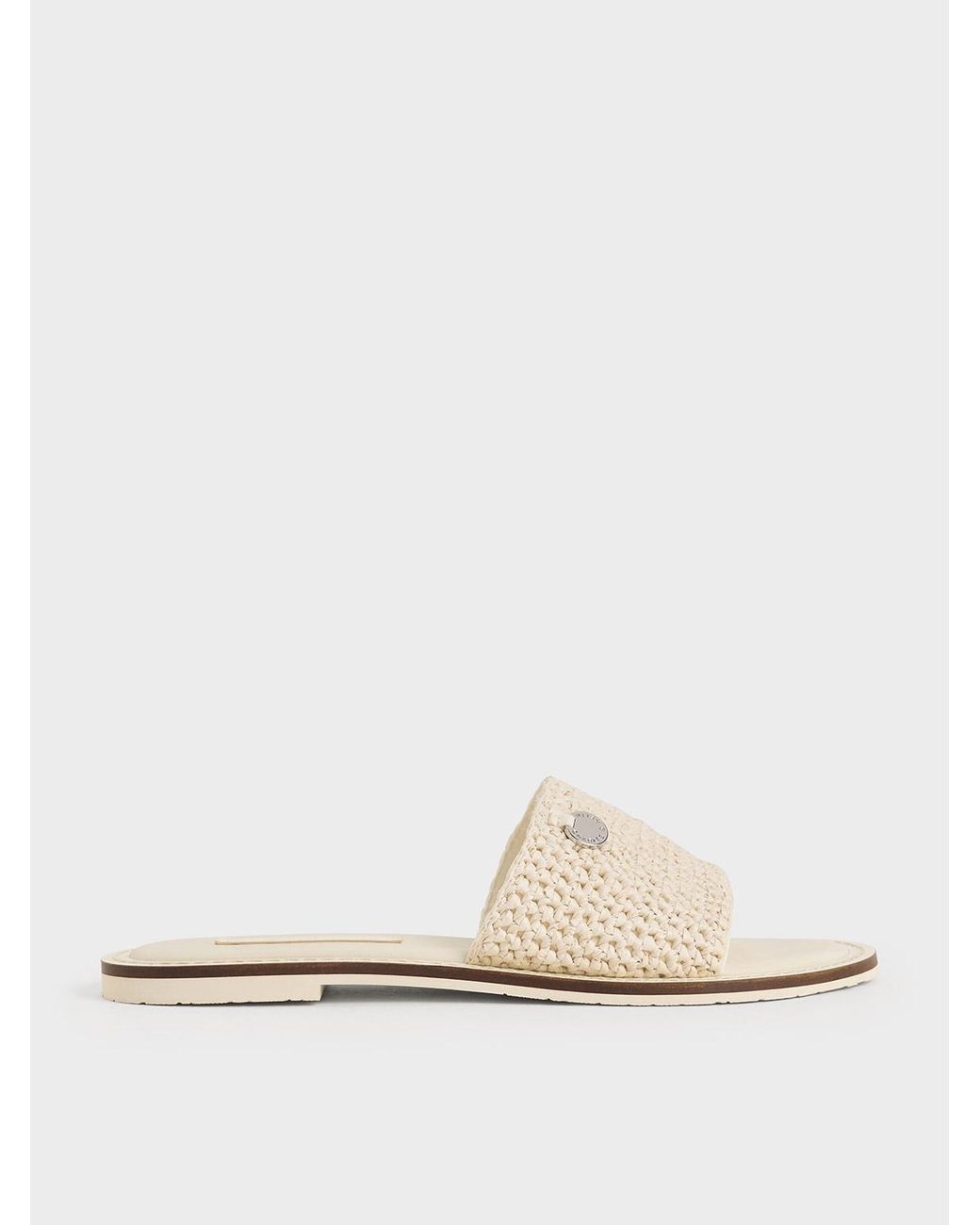 Charles & Keith White Raffia Woven Slide Sandals