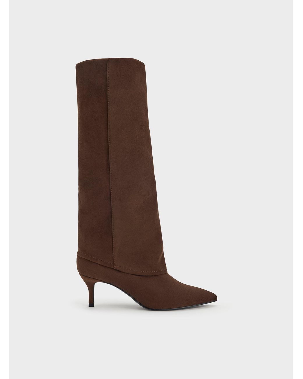 Charles & Keith Brown Faux Suede Pointed Stiletto Knee-High Boots