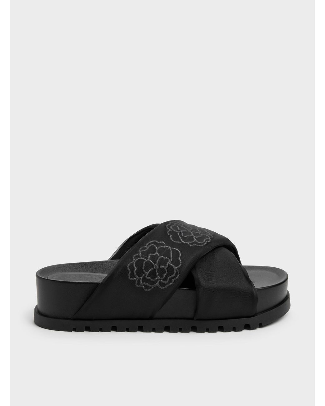 Charles & Keith Black Satin Embroidered-Flower Crossover Sandals