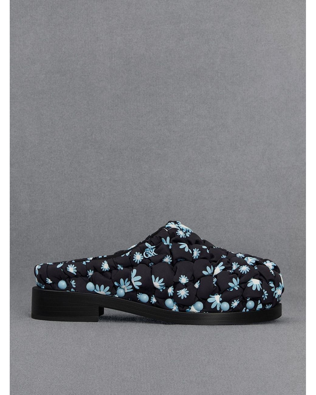 Charles & Keith Gray Nylon Puffy Floral-print Clogs