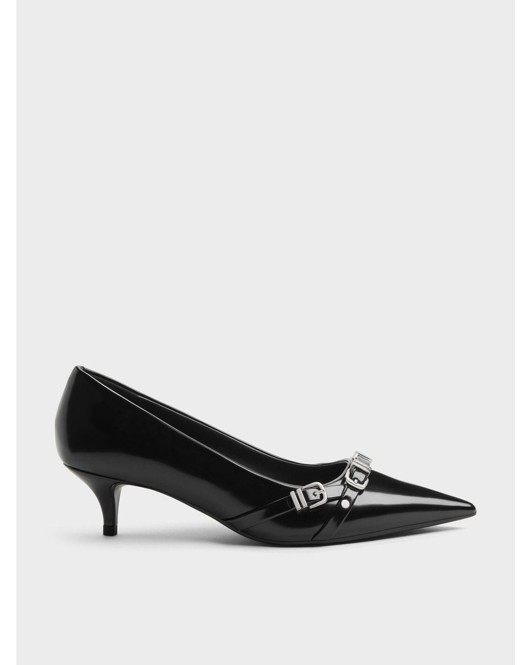Charles & Keith Black Aira Buckled-Strap Kitten Heels