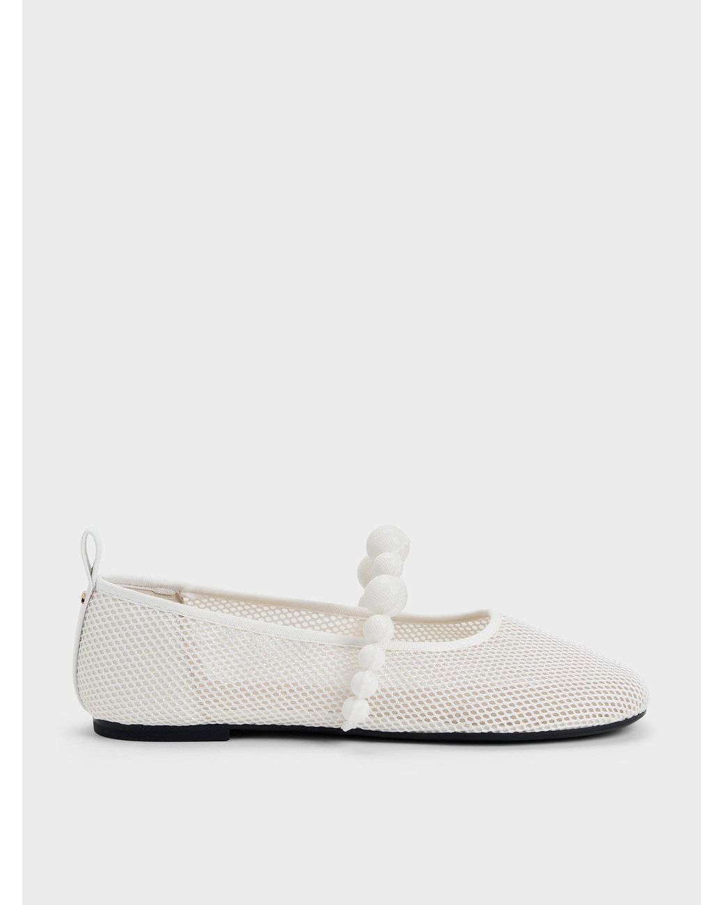 Charles & Keith White Leather Mesh Beaded Mary Jane Flats