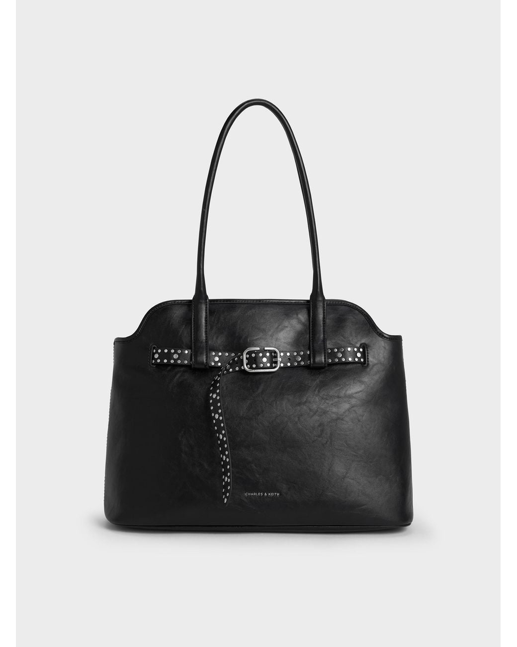 Charles & Keith Black Victoria Studded Belted Tote Bag