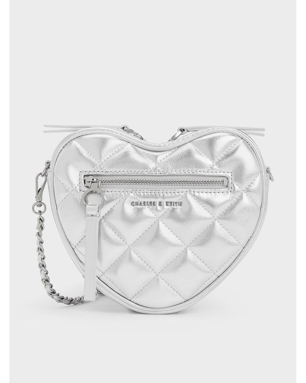 Charles & Keith Philomena Metallic Quilted Heart Crossbody Bag in White