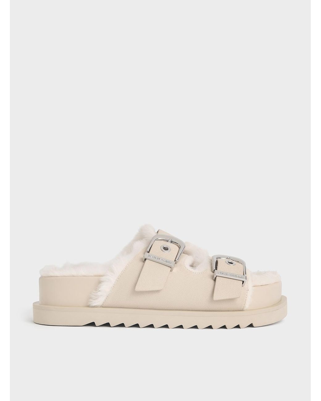 Charles & Keith Natural Hannah Furry Buckled Double-Strap Sandals