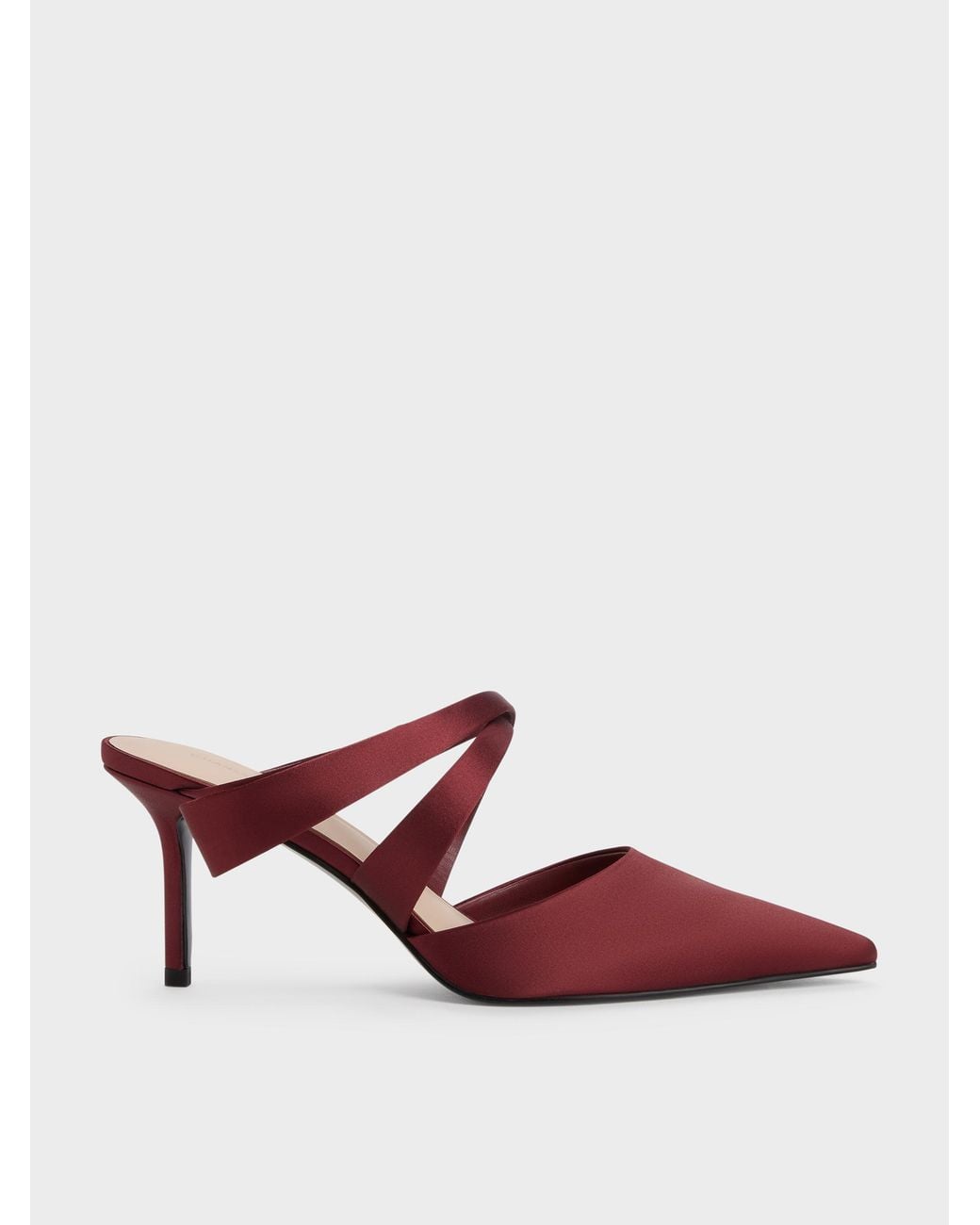 Charles & Keith Red Satin Pleated-strap Heeled Mules