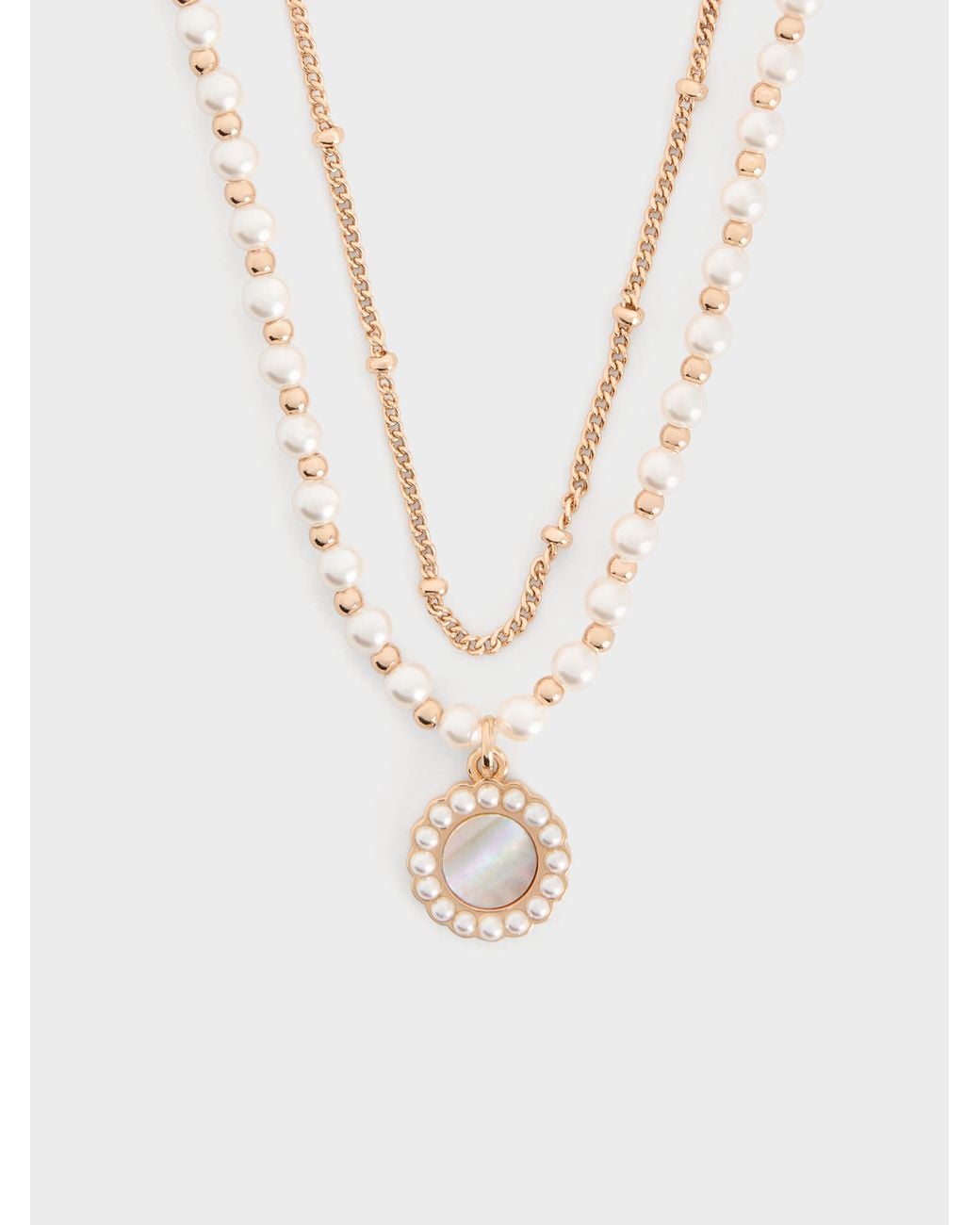 Charles & Keith White Pearl & Gemstone Double-Chain Necklace