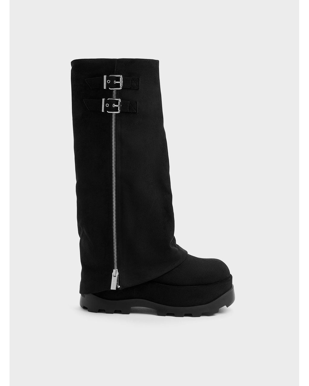 Charles & Keith Black Barron Faux Suede Platform Knee-High Boots