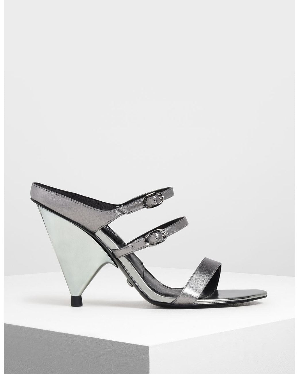 Charles & Keith Leather Double Strap Mary Jane Cone Heels in Silver (Metallic) - Lyst