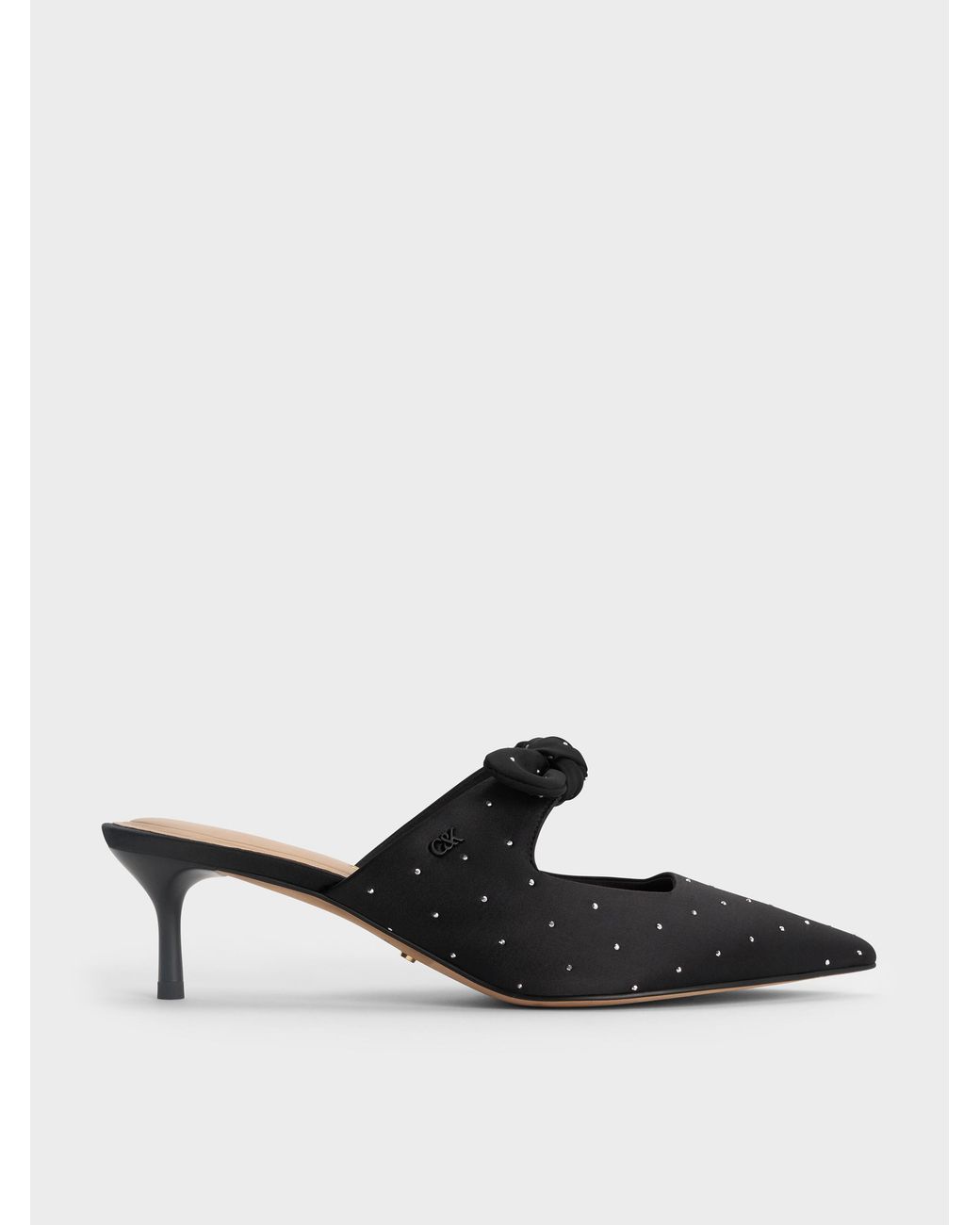 Charles & Keith White Jayce Dotted Knot-Bow Kitten-Heel Mules