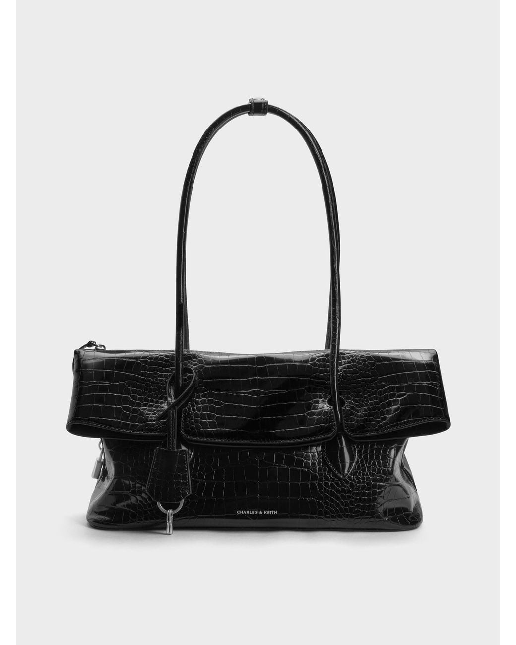 Charles & Keith Black Aveline Croc-Effect Front-Flap Shoulder Bag