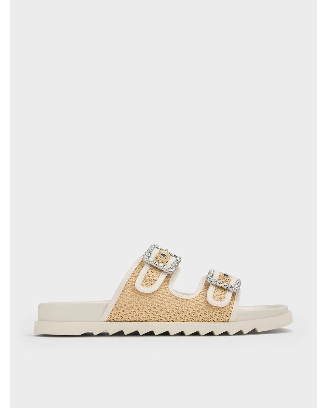 Charles & Keith Natural Raffia Gem-Buckle Double-Strap Sandals