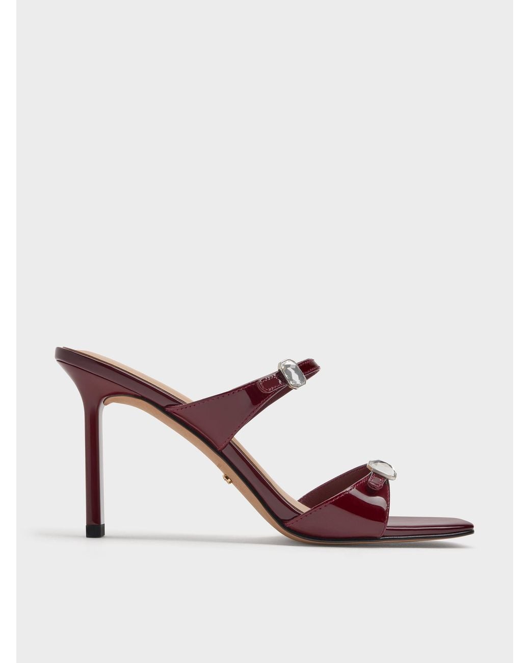 Charles & Keith Pink Patent Leather Gem-Buckle Heeled Sandals