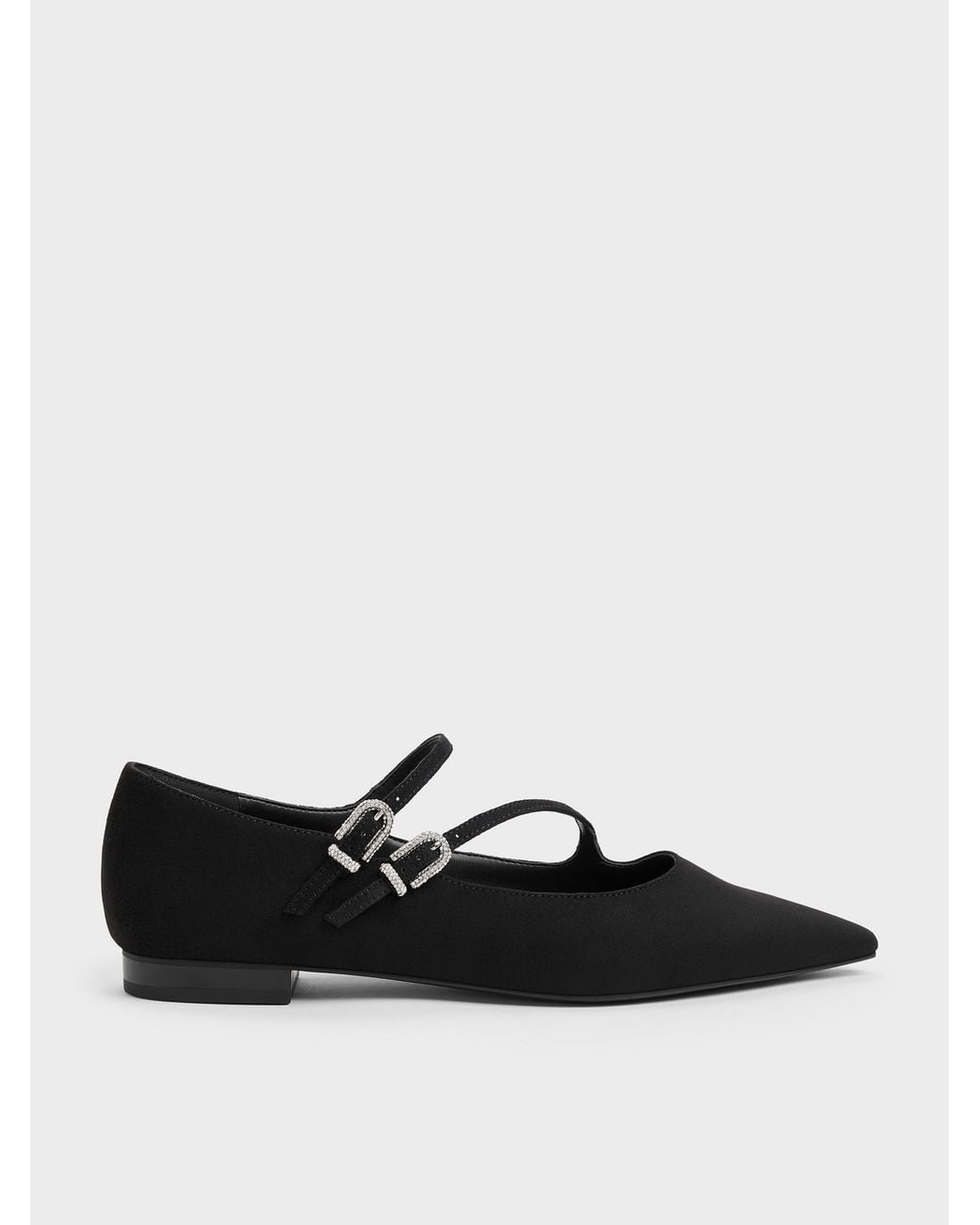 Charles & Keith Black Faux Suede Crystal-Buckle Double-Strap Mary Janes