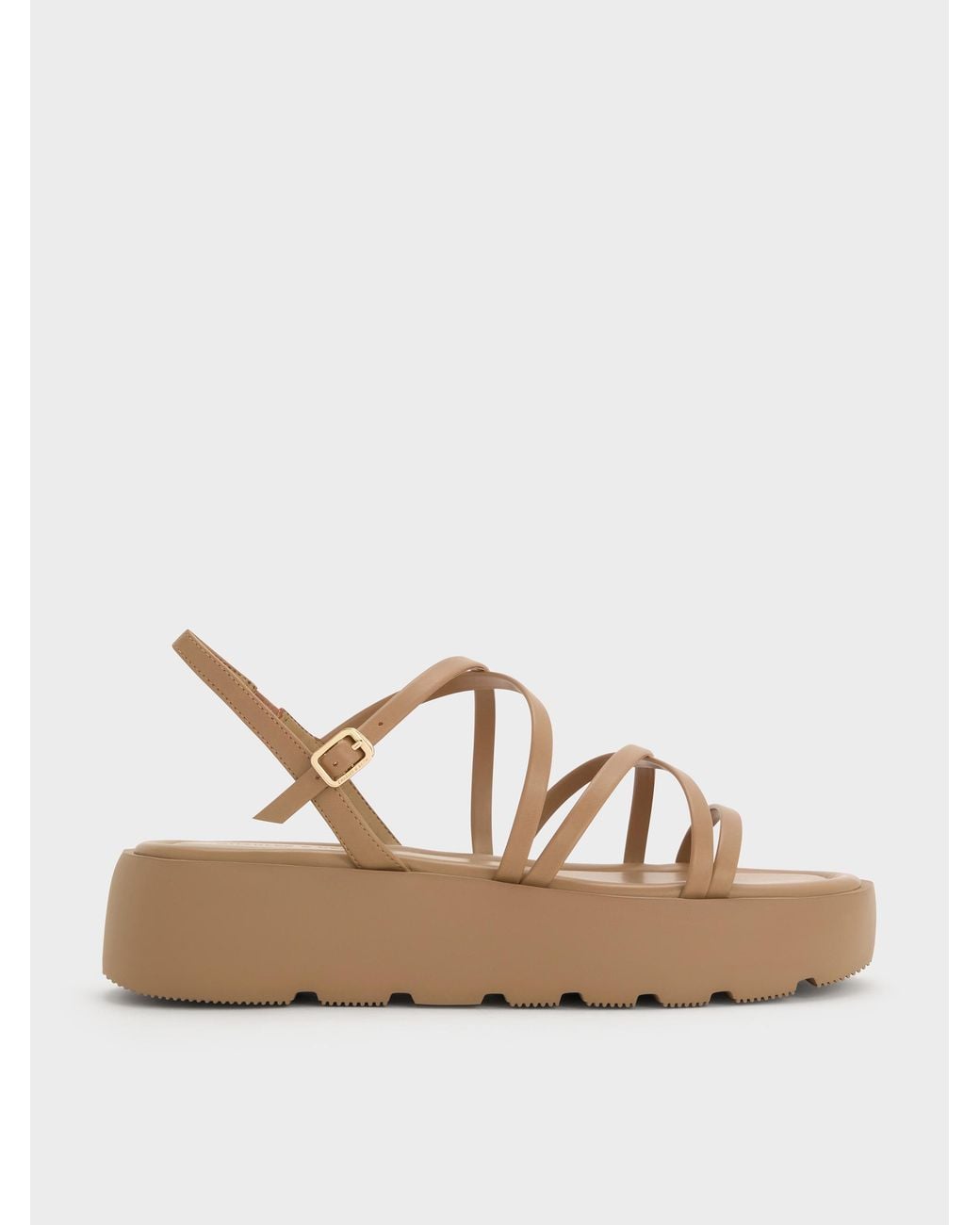 Charles & Keith Natural Strappy Ridged-Sole Flatform Sandals