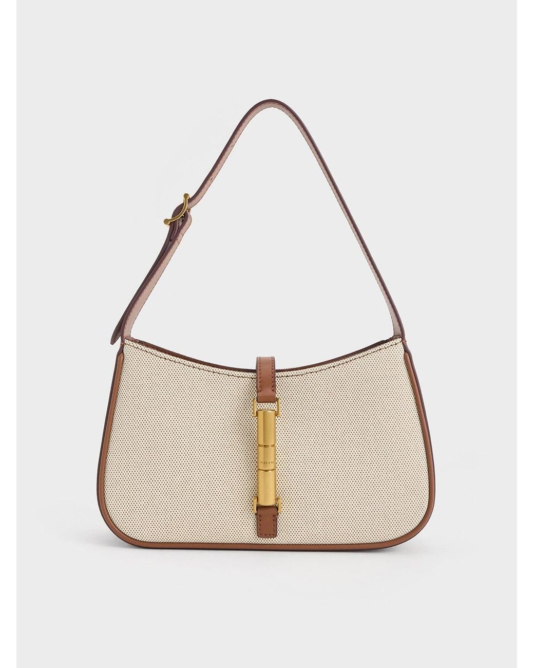 Charles & Keith Natural Cesia Canvas Metallic-Accent Shoulder Bag