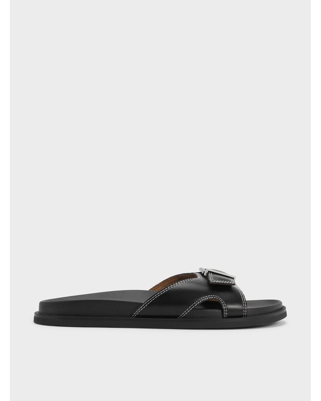 Charles & Keith White Stitch-trim Buckled Slides
