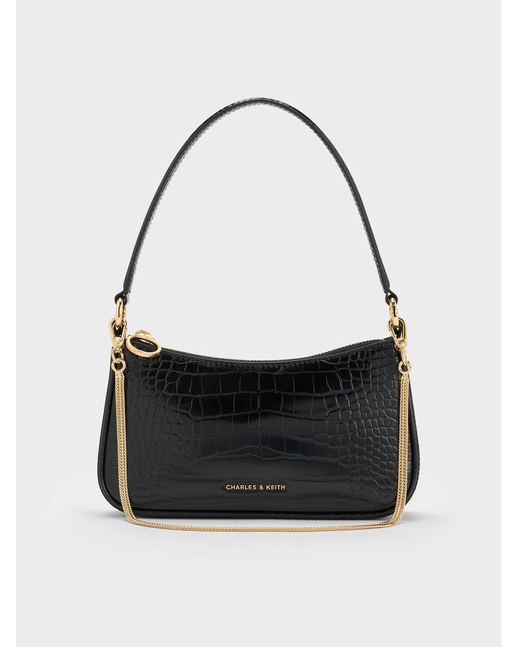 Charles & Keith Black Elspeth Croc-Effect Chain-Link Shoulder Bag