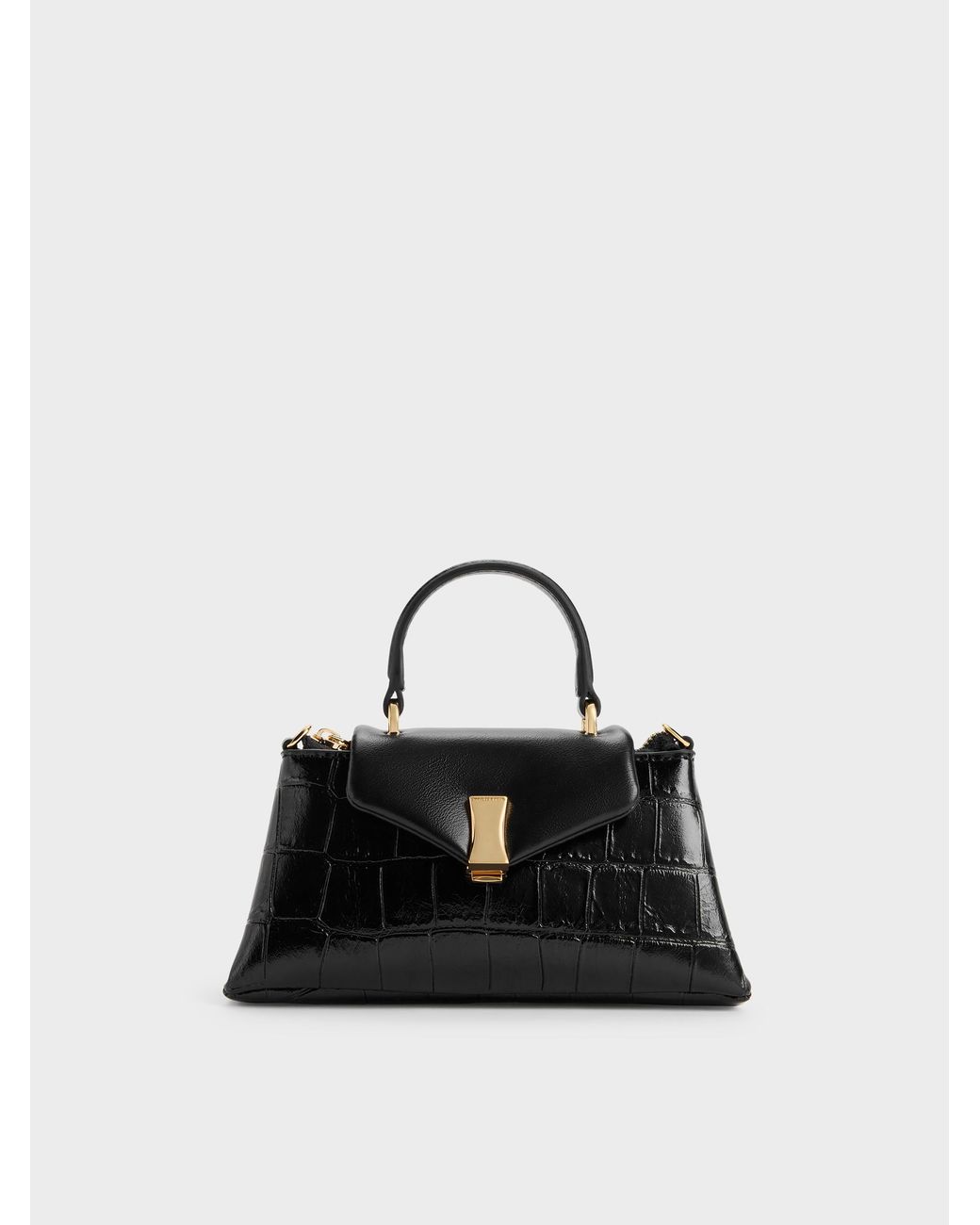 Charles & Keith Black Micro Lilibet Croc-Effect Top Handle Bag