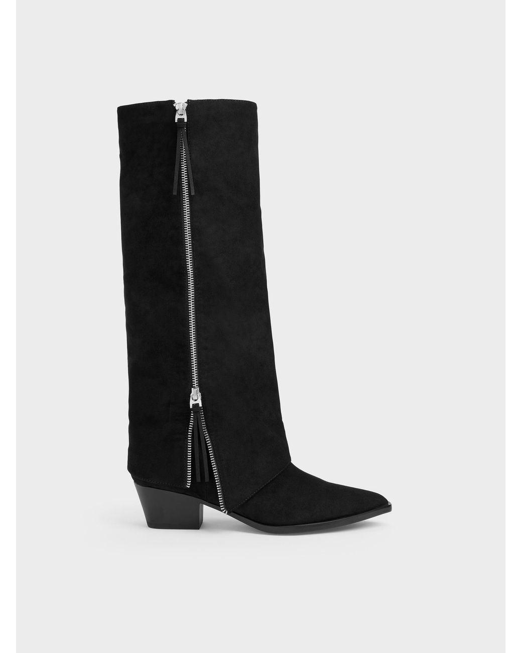 Charles & Keith Black Aether Faux Suede Tassel-Zip Knee-High Boots
