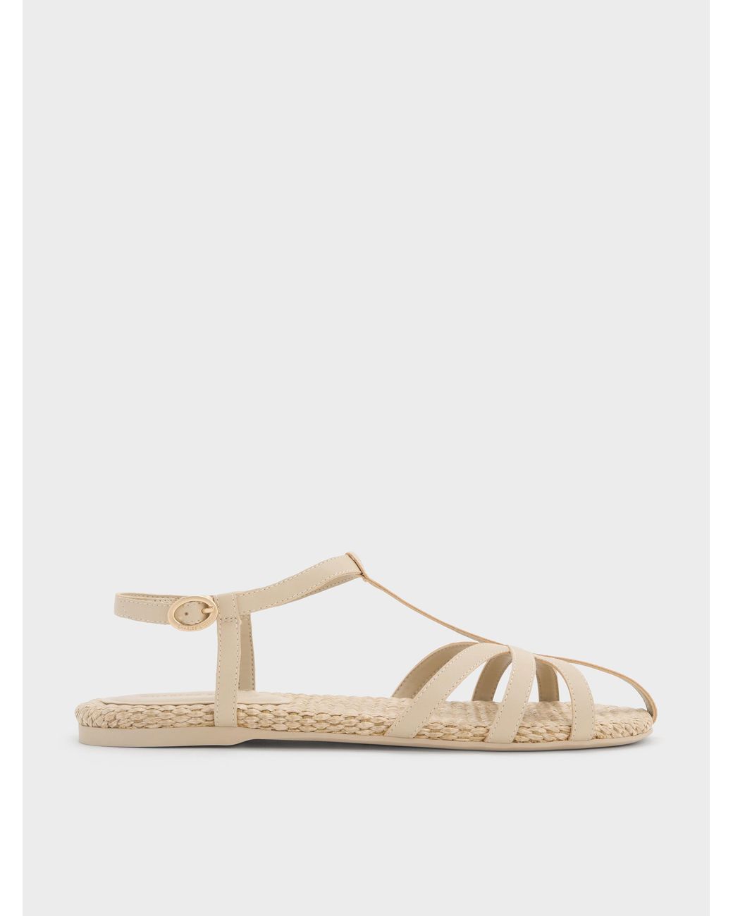 Charles & Keith Natural Strappy Raffia T-Bar Ankle-Strap Sandals