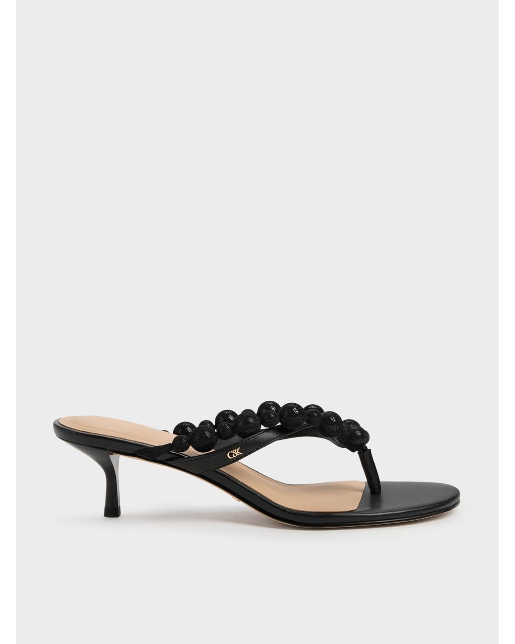 Charles & Keith Black Leather Beaded Thong Kitten Heels