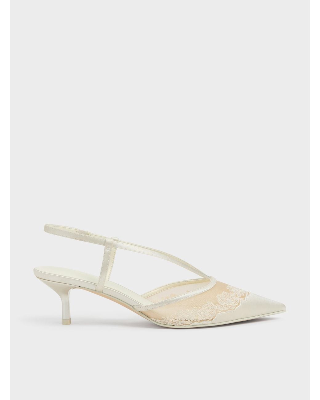 Charles & Keith Natural Satin Embroidered-Mesh Slingback Kitten Heels