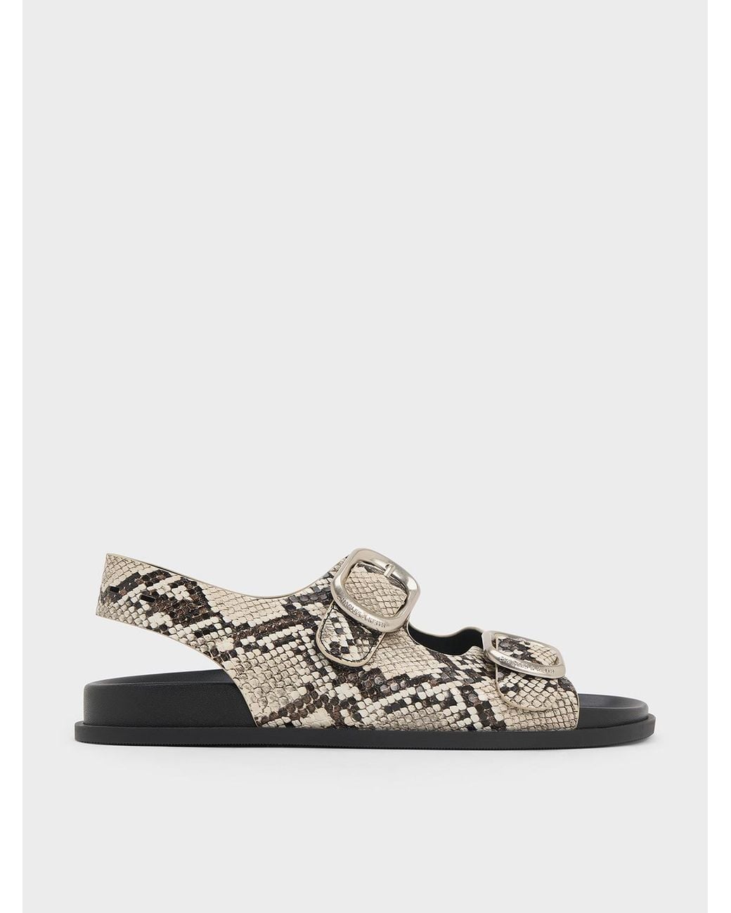 Charles & Keith White Snake-Print Buckled Double-Strap Slingback Sandals