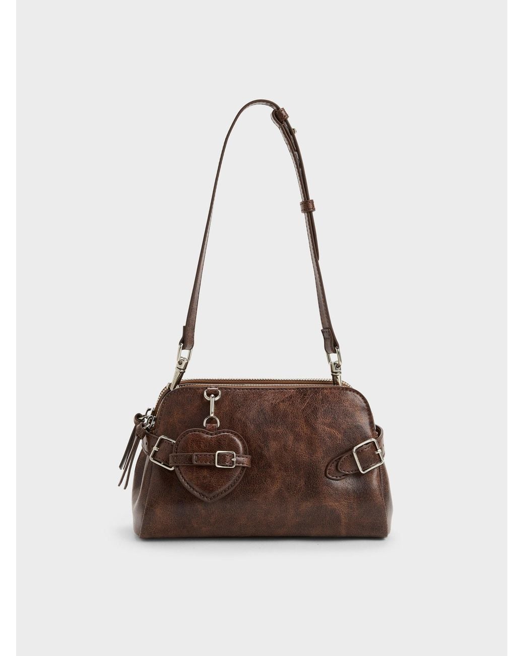 Charles & Keith Brown Nellie Heart-Charm Shoulder Bag