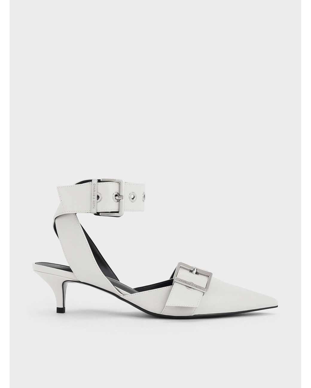 Charles & Keith White Grommet-strap Kitten-heel Pumps