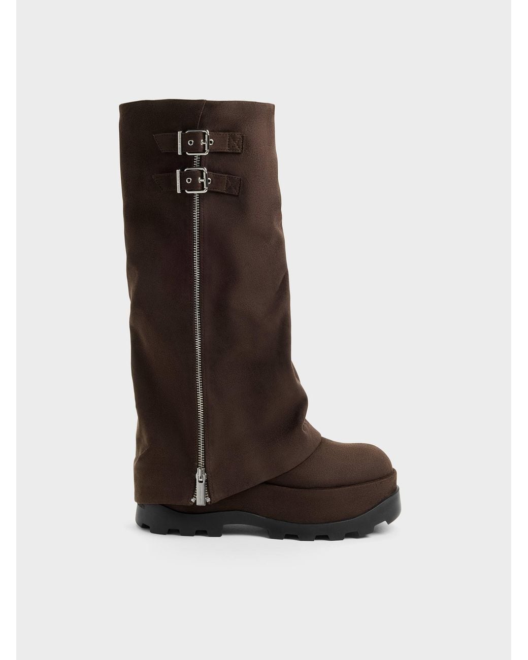 Charles & Keith Black Barron Faux Suede Platform Knee-High Boots