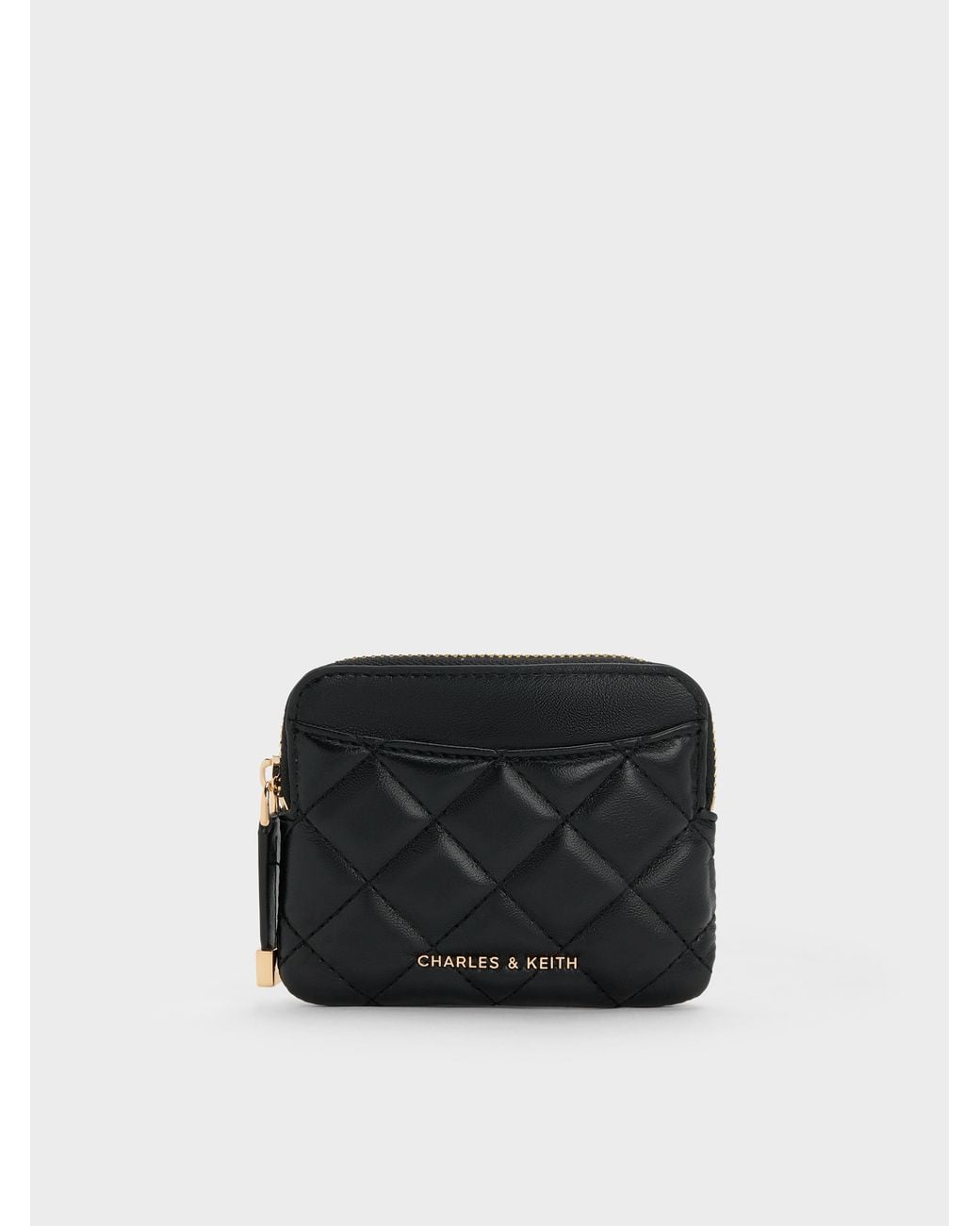 Charles & Keith Black Alva Quilted Top-Zip Card Holder