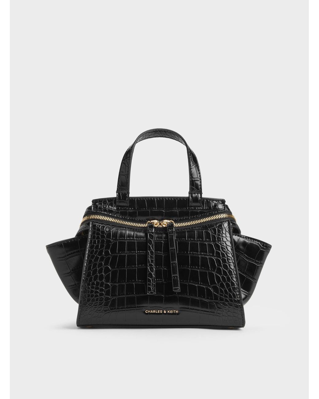 Charles & Keith Black Pansy Trapeze Croc-Effect Top Handle Bag