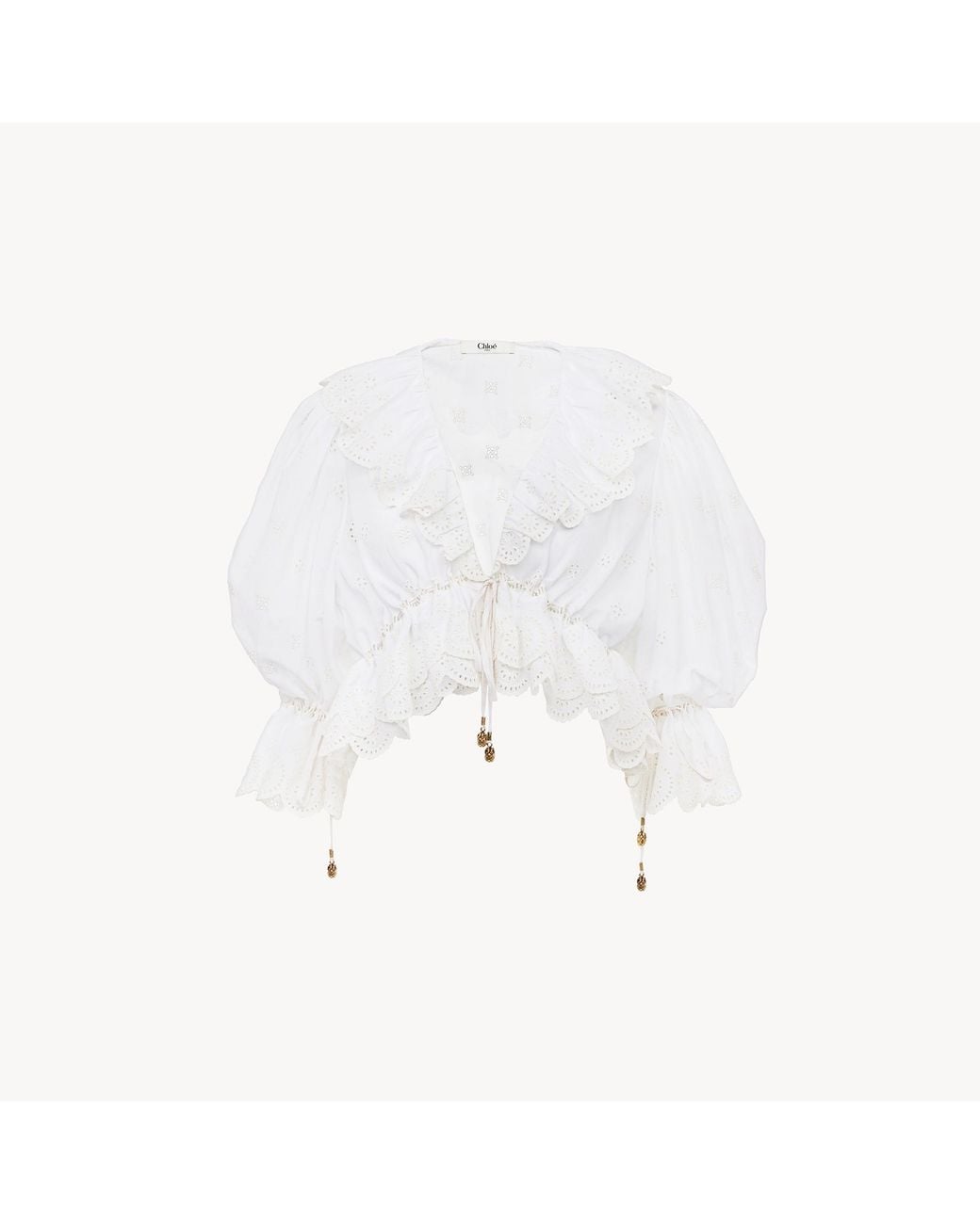 Chloé White V-Neck Ruffle Top