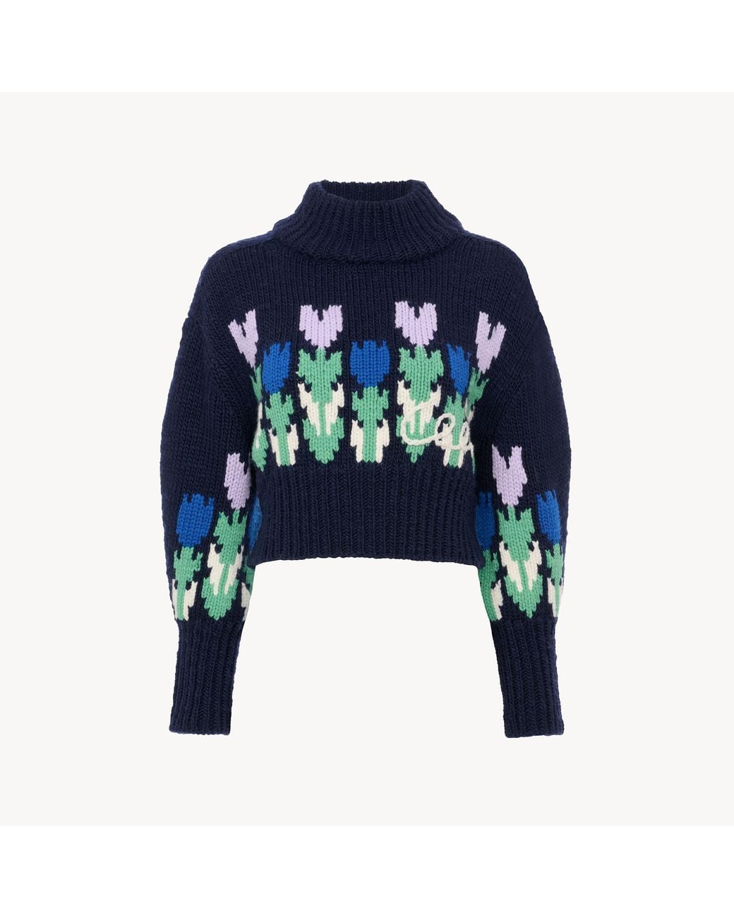 Chloé Blue Cropped Mock-Neck Logo Jumper