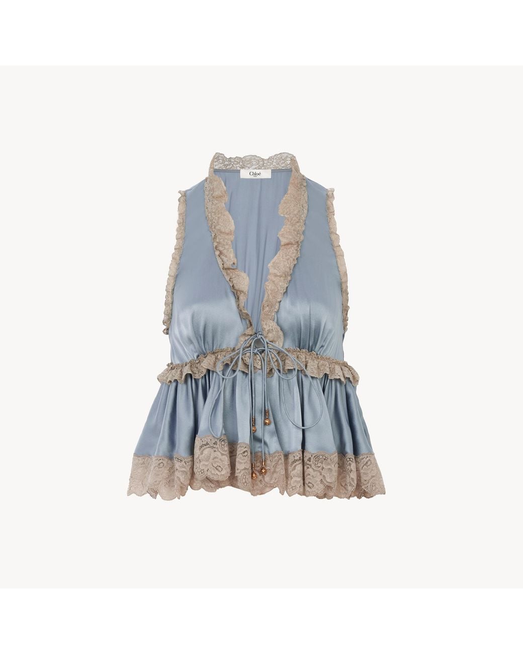 Chloé Blue Lace-Trimmed Silk Satin Top